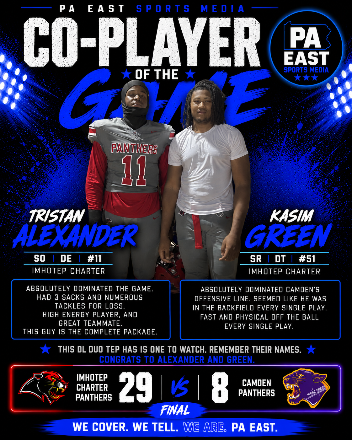PA East Co-Players of the Game Tristan Alexander and Kasim Green after Imhotep Charter defeated Camden 29 to 8
